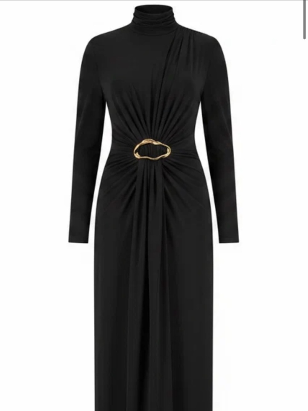 Black Long-Sleeve Maxi Dress with Gold Waist Detail